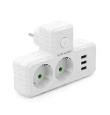 Розетка трійник Т-подібний із заземленням F302-White, 2 розетки+3USB(1А), 2500W, 10A, 110-250V~Max, Blister