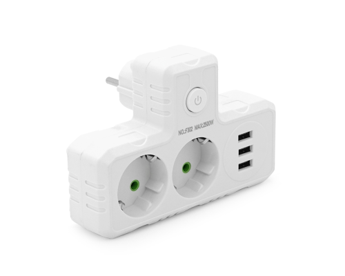 Розетка трійник Т-подібний із заземленням F302-White, 2 розетки+3USB(1А), 2500W, 10A, 110-250V~Max, Blister