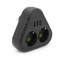 Розетка трійник із заземленням F202-Black, 2 розетки+3USB(1А), 2500W, 10A, 110-250V~Max, Blister