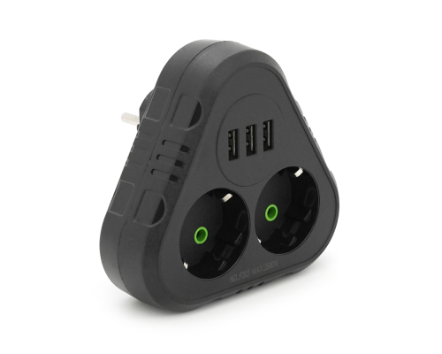 Розетка трійник із заземленням F202-Black, 2 розетки+3USB(1А), 2500W, 10A, 110-250V~Max, Blister