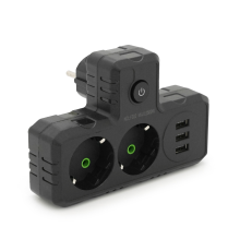Розетка трійник Т-подібний із заземленням F302-Black, 2 розетки+3USB(1А), 2500W, 10A, 110-250V~Max, Blister