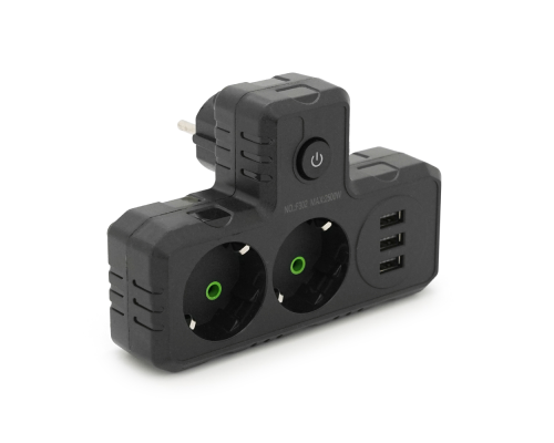 Розетка трійник Т-подібний із заземленням F302-Black, 2 розетки+3USB(1А), 2500W, 10A, 110-250V~Max, Blister