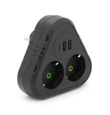 Розетка трійник із заземленням F203-Black, 2 розетки+2USB+1Type-C, 2500W, 10A, 110-250V~Max, Blister