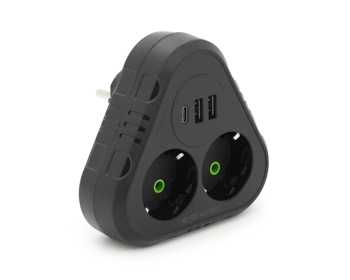 Розетка трійник із заземленням F203-Black, 2 розетки+2USB+1Type-C, 2500W, 10A, 110-250V~Max, Blister Розетка трійник із заземленням F203-Black, 2 розетки+2USB+1Type-C, 2500W, 10A, 110-250V~Max, Blister