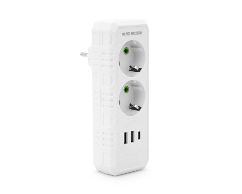 Розетка трійник із заземленням F103-White, 2 розетки+2USB+1Type-C, 2500W, 10A, 110-250V~Max, Blister