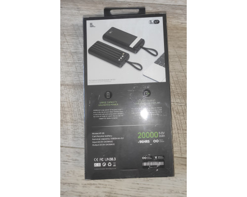 Powerbank повербанк KP-20 20000 mAh с фонариком и 4 шнурами зарядки новый черный