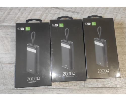 Powerbank повербанк KP-20 20000 mAh с фонариком и 4 шнурами зарядки новый черный