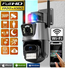 Вулична охоронна поворотна WIFI камера Dual Lens Zoom 8MP сирена, зум, iCSee віддаленим доступом онлайн