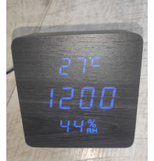 Часы настольные электронные VST-872Y в виде деревянного бруска с температурой и влажностью черные синий свет