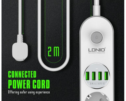 Мережевий фільтр подовжувач USB-виходів 4x220V і 4xUSB довжина 2 м. LDNIO SE4432 Мережевий фільтр подовжувач USB-виходів 4x220V і 4xUSB довжина 2 м. LDNIO SE4432