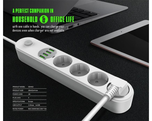 Мережевий фільтр подовжувач USB-виходів 4x220V і 4xUSB довжина 2 м. LDNIO SE4432 Мережевий фільтр подовжувач USB-виходів 4x220V і 4xUSB довжина 2 м. LDNIO SE4432