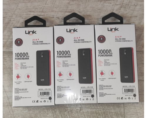 Распродажа Powerbank повербанк LinkTech LPB-C106 10000 mAh с шнурами зарядки Type C, Micro, Lightning черный