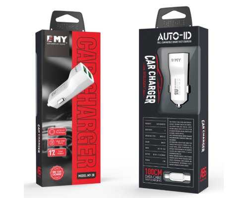 Набір 2 в 1 АЗУ With Micro-Usb Cable DC12-24V MY-30, 2 x USB, 5V / 12W, Output: 5V / 2.4A, White, Blister- box Набір 2 в 1 АЗУ With Micro-Usb Cable DC12-24V MY-30, 2 x USB, 5V / 12W, Output: 5V / 2.4A, White, Blister- box