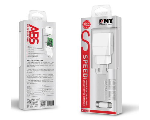 Набір 2 в 1 СЗУ With Iphone Cable 110-240V MY-A101, 1 x USB, 5V/5W, Output: 5V/1A, White, Blister-, Q25