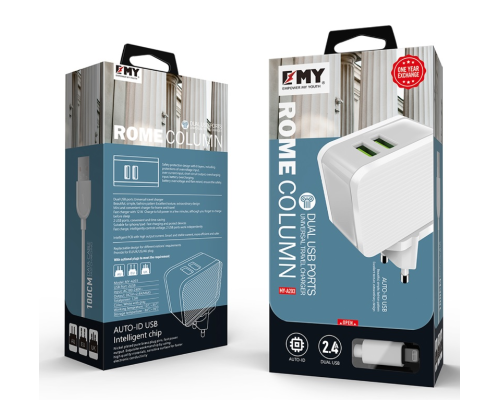 Набір 2 в 1 СЗУ With Iphone Cable 110-240V MY-A203, 2 x USB, 5V/12W, Output: 5V/2.4A, White, Blister-box Набір 2 в 1 СЗУ With Iphone Cable 110-240V MY-A203, 2 x USB, 5V/12W, Output: 5V/2.4A, White, Blister-box