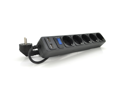 Мережевий подовжувач MERLION B518U, 220В 10А, 5 розеток + 2 порти USB 2.1A, 1,8 м, переріз 3х0,75мм, чорний Q50