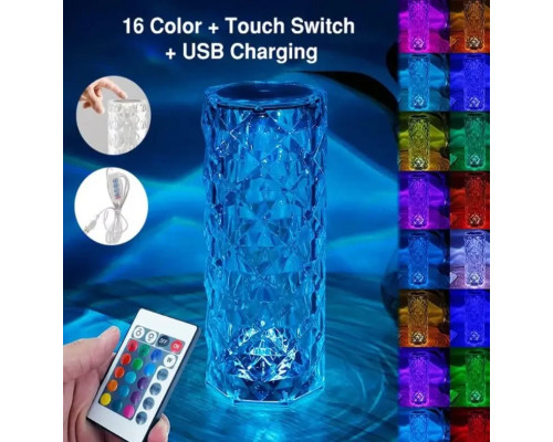 Настільна акумуляторна лампа з пультом 22 см нічник Троянда з пультом RGB Crystal Rose.
