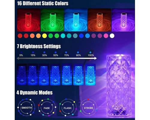 Настільна акумуляторна лампа з пультом 22 см нічник Троянда з пультом RGB Crystal Rose.