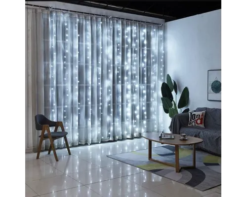 Гірлянда штора Велика крапля роси на пульту 3х3 метра 300 led на USB White 8 режимів світіння Гірлянда штора Велика крапля роси на пульту 3х3 метра 300 led на USB White 8 режимів світіння
