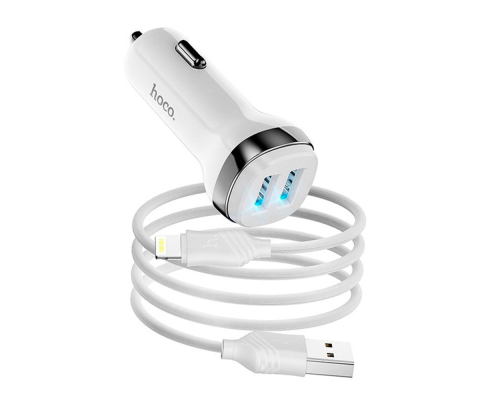 Набір АЗУ 12-24V HOCO Z40+ кабель Lighting, 2xUSB, 2.4A, кабель 1м, White, Box