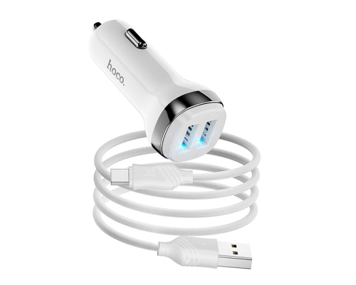 Набір АЗУ 12-24V HOCO Z40+ кабель Type-C, 2xUSB, 2.4A, кабель 1м, White, Box