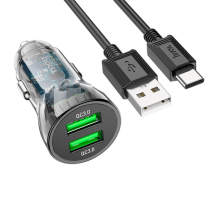 Набір АЗУ 12-24V HOCO Z47 кабель Type-C, 2xUSB 3.0, 2.4A, кабель 1м, Black, Box