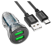 Набір АЗУ 12-24V HOCO Z47 кабель Type-C, 2xUSB 3.0, 2.4A, кабель 1м, Black, Box