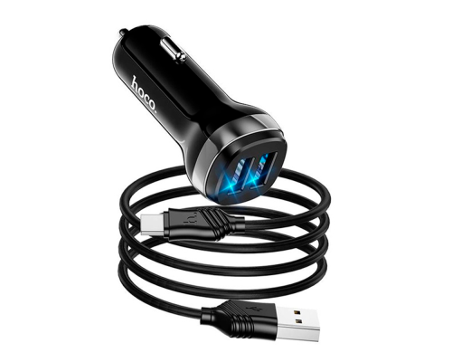 Набір АЗУ 12-24V HOCO Z40+ кабель Type-C, 2xUSB, 2.4A, кабель 1м, Black, Box