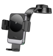 Автоутримувач HOCO HW14+ Wireless Charging 15W, кріплення на торпеду, затискач 55-90мм, Black, Box