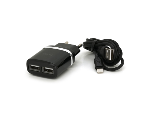Набір СЗУ 110-240V HOCO C12+ кабель Lighting, 1xUSB, 2.4A, кабель 1м, Black, Blister