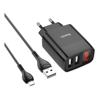 Набір СЗУ 110-240V HOCO C86A+ кабель Micro, 2xUSB, 2.4A, кабель 1м, Black, Box