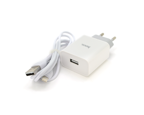Набір СЗУ 110-240V HOCO C81A 1xUSB+ кабель Lighting, 2.1A, кабель 1м, White, Blister