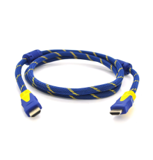 Кабель Merlion HDMI-HDMI 5.0m, v1.4, OD-8.0mm, 2 фільтра, обплетення, круглий Blue / Gold, коннектор Blue-yellow, (Пакет) Q50