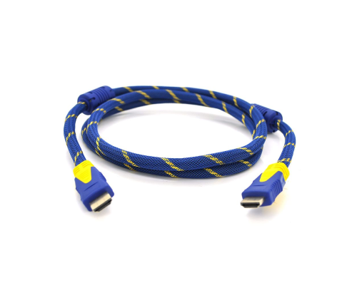 Кабель Merlion HDMI-HDMI 5.0m, v1.4, OD-8.0mm, 2 фільтра, обплетення, круглий Blue / Gold, коннектор Blue-yellow, (Пакет) Q50 Кабель Merlion HDMI-HDMI 5.0m, v1.4, OD-8.0mm, 2 фільтра, обплетення, круглий Blue / Gold, коннектор Blue-yellow, (Пакет) Q50