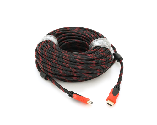 Кабель Merlion HDMI-HDMI 30m, v1.4, OD-7.4mm, 2 фільтри, обплетення, круглий Black/RED, конектор RED/Black, (Пакет) Q20