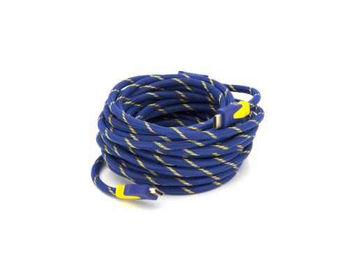 Кабель HDMI-HDMI 10m, v1.4, OD-8.0mm, 2 фільтра, обплетення, круглий Blue / Gold, коннектор Blue-yellow, (Пакет) Q50