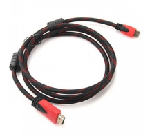 Кабель Merlion HDMI-HDMI 2.0m, v1.4, OD-7.4mm, 2 фільтра, обплетення, круглий Black / RED, коннектор RED / Black, (Пакет), Q120