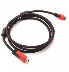 Кабель Merlion HDMI-HDMI 2.0m, v1.4, OD-7.4mm, 2 фільтра, обплетення, круглий Black / RED, коннектор RED / Black, (Пакет), Q120
