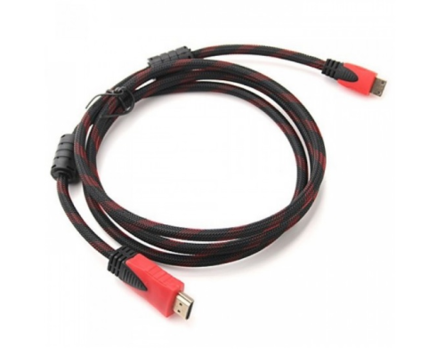 Кабель Merlion HDMI-HDMI 2.0m, v1.4, OD-7.4mm, 2 фільтра, обплетення, круглий Black / RED, коннектор RED / Black, (Пакет), Q120