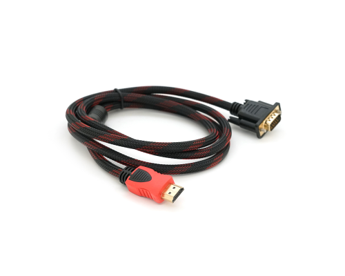 Кабель HDMI (папа)-VGA (папа) 1,5м, 1 феррит, оплетка, круглый Black/RED, Пакет (работае только с конвертором), Q150
