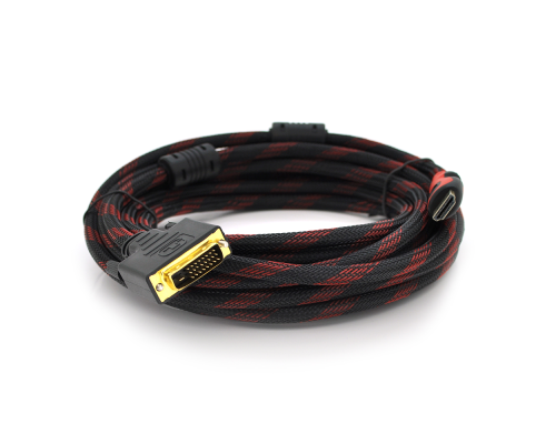 Кабель HDMI (тато)-DVI (тато) 5,0м, 2 ферити, обплетення, круглий Black/RED, Пакет