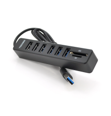 Хаб-кардрідер універсальний VEGGIEG V-C306, USB2.0 8in1 card reader (SD+TF+6*USB), Black,Blister-Box