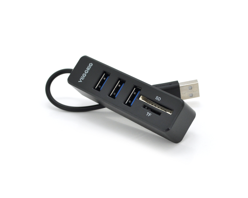 Хаб-кардрідер універсальний VEGGIEG V-C303, USB2.0 5in1 card reader （SD+TF+3*USB), Black,Blister-Box