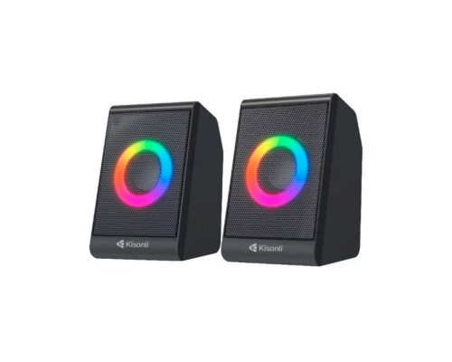 Колонки 2.0 Kisonli X12 для ПК та ноутбука, USB + 3.5mm, 2x3W, 20Hz-20KHz, DC: 5V, RGB light, Black, BOX, Q50 Колонки 2.0 Kisonli X12 для ПК та ноутбука, USB + 3.5mm, 2x3W, 20Hz-20KHz, DC: 5V, RGB light, Black, BOX, Q50