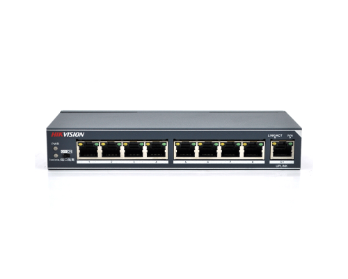 Комутатор Hikvision DS-3E0309-E 8 портів 100Мбіт + 1 порт Ethernet (UP-Link) 1000Мбіт, блок піт 12V 1A в комплекті, корпус метал, BOX (178*80*29)