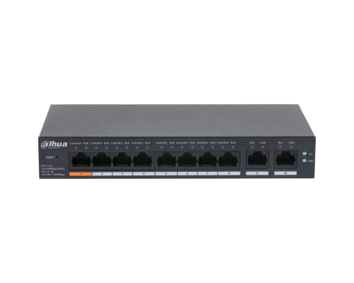 8-портовий керований PoE комутатор DH-CS4010-8ET-60 з 8 портами POE 100Мбіт + 2 порти UP-Link 1000Мбіт, 60Вт, 130×90×26 мм