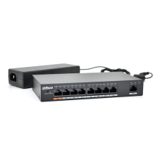 Комутатор POE Dahua DH-PFS3009-8ET-96 48V з 8 портами POE 100Мбит + 1 порт Ethernet (UP-Link) 100Мбит, корпус - метал, Black, БП в комплекті + кабель живлення