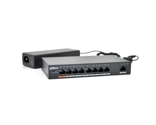 Комутатор POE Dahua DH-PFS3009-8ET-96 48V з 8 портами POE 100Мбит + 1 порт Ethernet (UP-Link) 100Мбит, корпус - метал, Black, БП в комплекті + кабель живлення