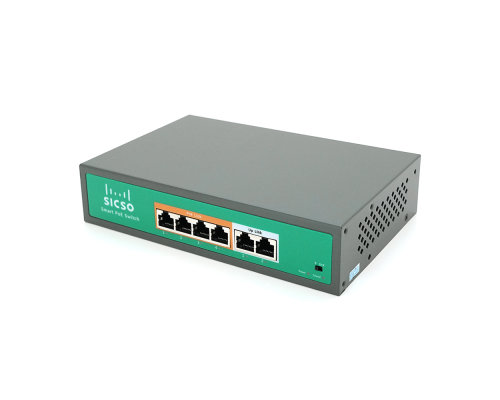 Комутатор POE SICSO 48V з 4 портами POE 100Мбіт + 2порт Ethernet (UP-Link) 100Мбіт, з посил. сигн. до 250м, корпус-метал, Silver, БП вбудований, Q30