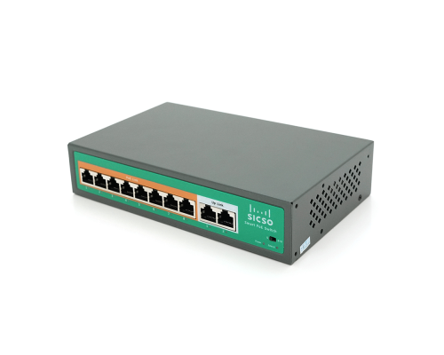 Комутатор POE SICSO 48V з 8 портами POE 100Мбіт + 2 порт Ethernet (UP-Link) 100Мбіт, з посил. сигн. до 250м, корпус-метал, Silver, БП вбудований, Q30